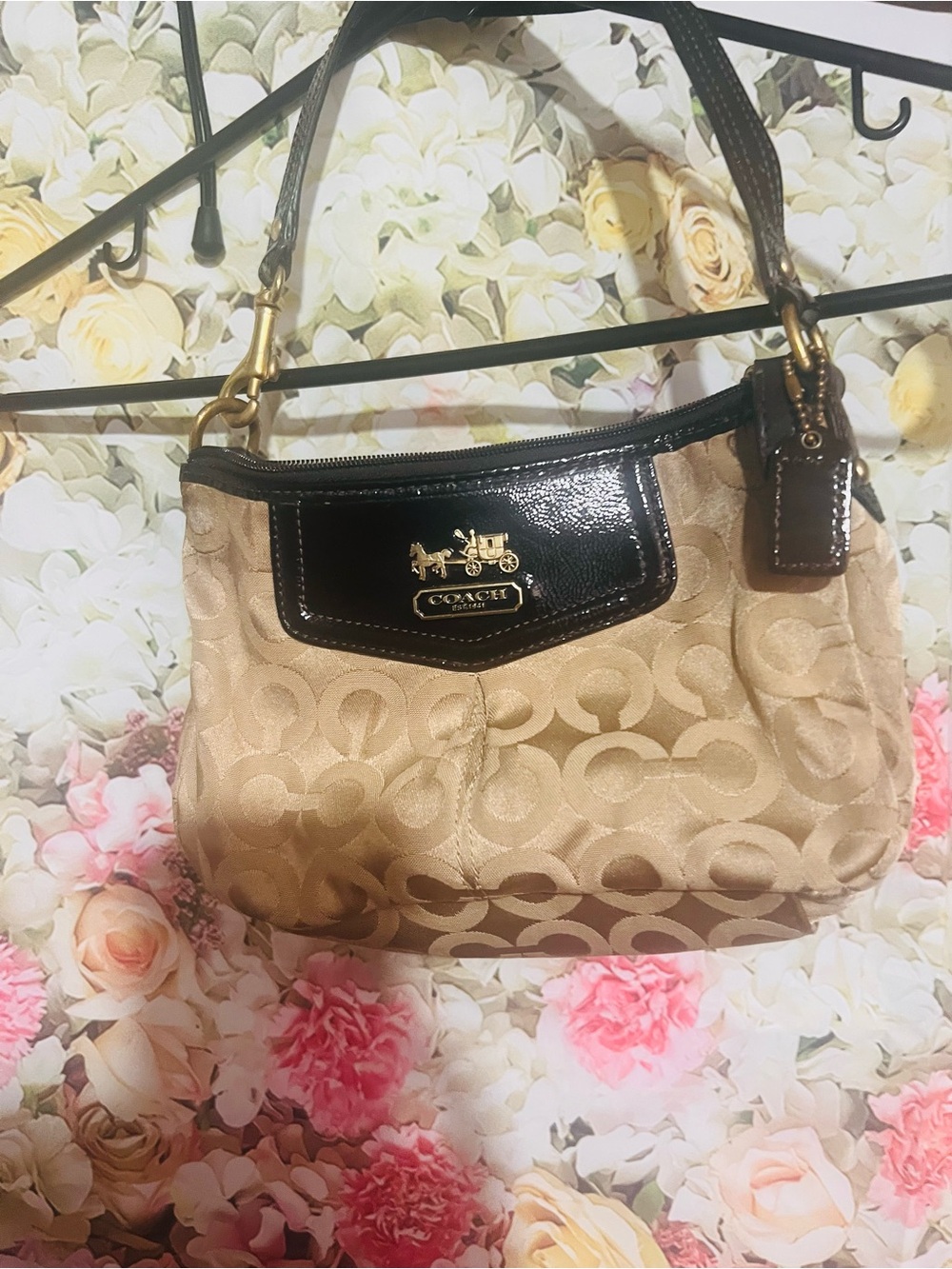 Coach Beige Signature Canvas Shoulder Bag with Dark Brown Leather Trim